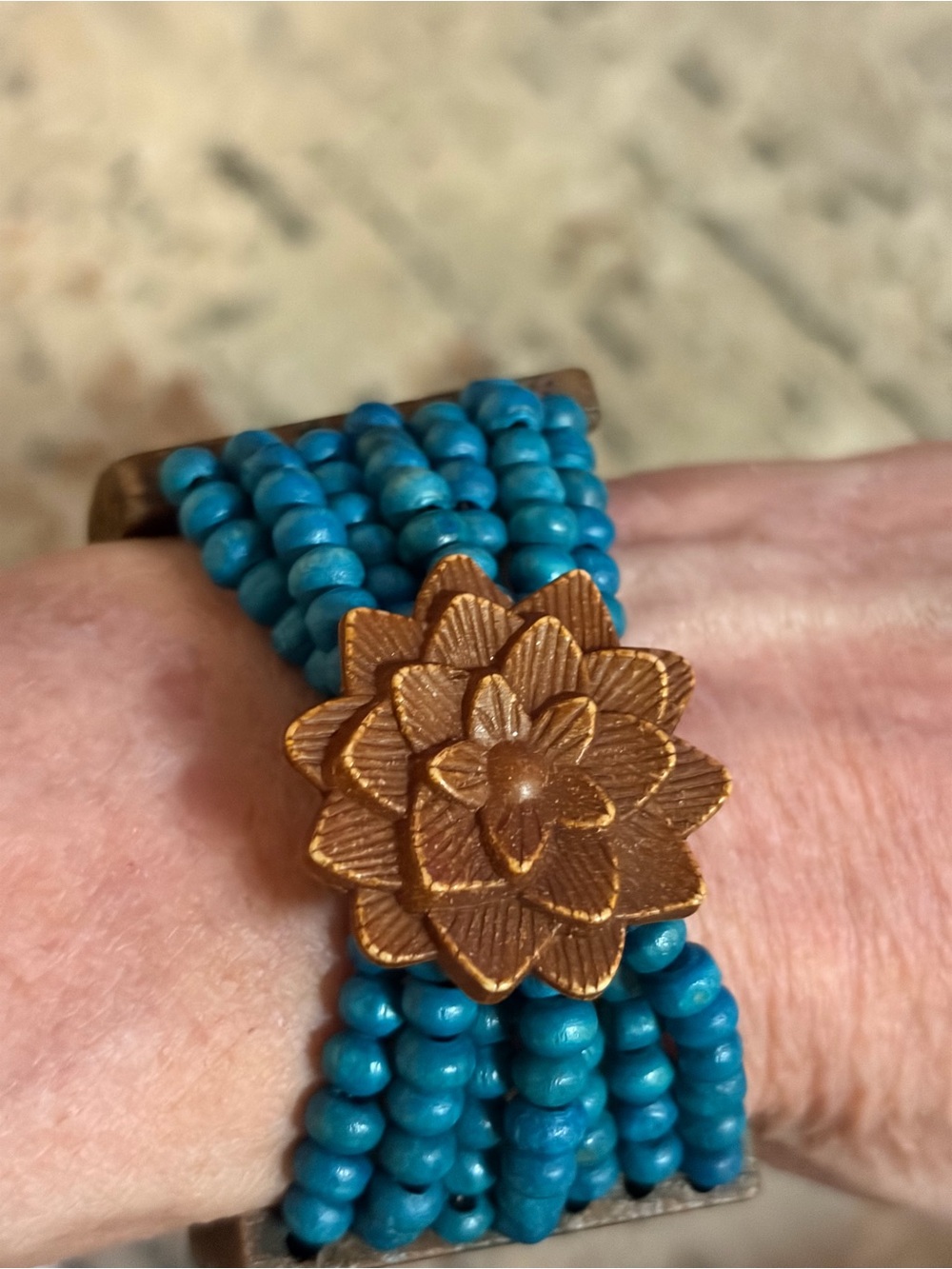Blue & Brown Beaded Floral Stretch Bracelet